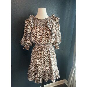 Magali Pascal Silk Blend Sz Small (6) Ruffle Tan Black Pattern Ruffle Dress